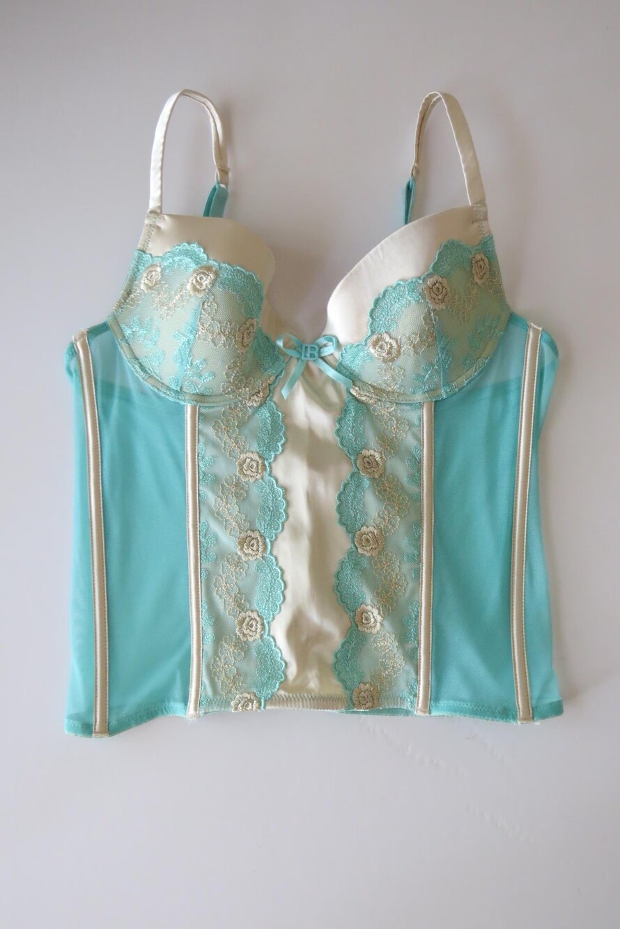 Vintage Designer Laura Biagiotti Bustier, Mint Mesh Corset Top, Ivory Satin Flor
